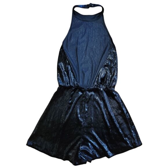 LUSH Black Textured Shiney Shimmer Halter backless Romper S - Picture 7 of 13